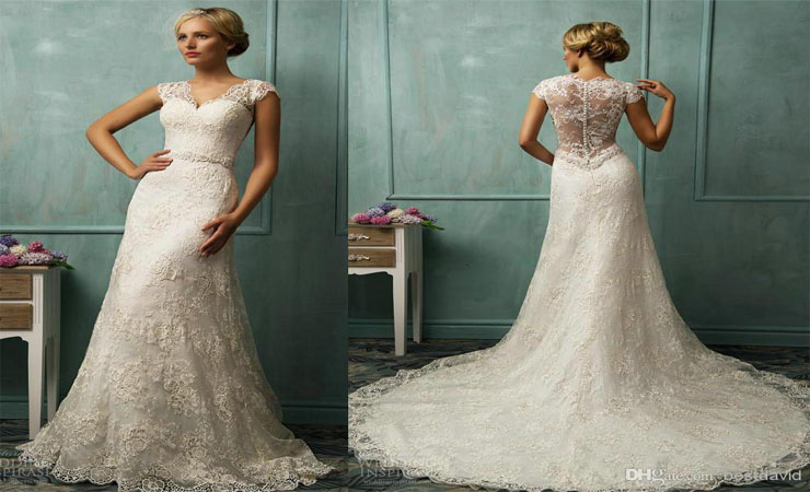 Cap Sleeves Tulle Plus Size Wedding Dress with Illusion Neckline